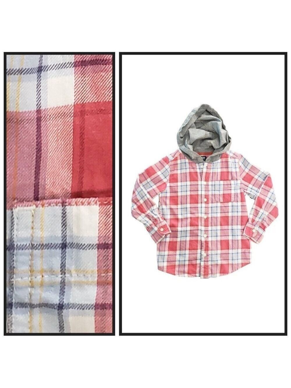 OshKosh Boys Size 7 Plaid Hooded Shirt Red Blue Button Down